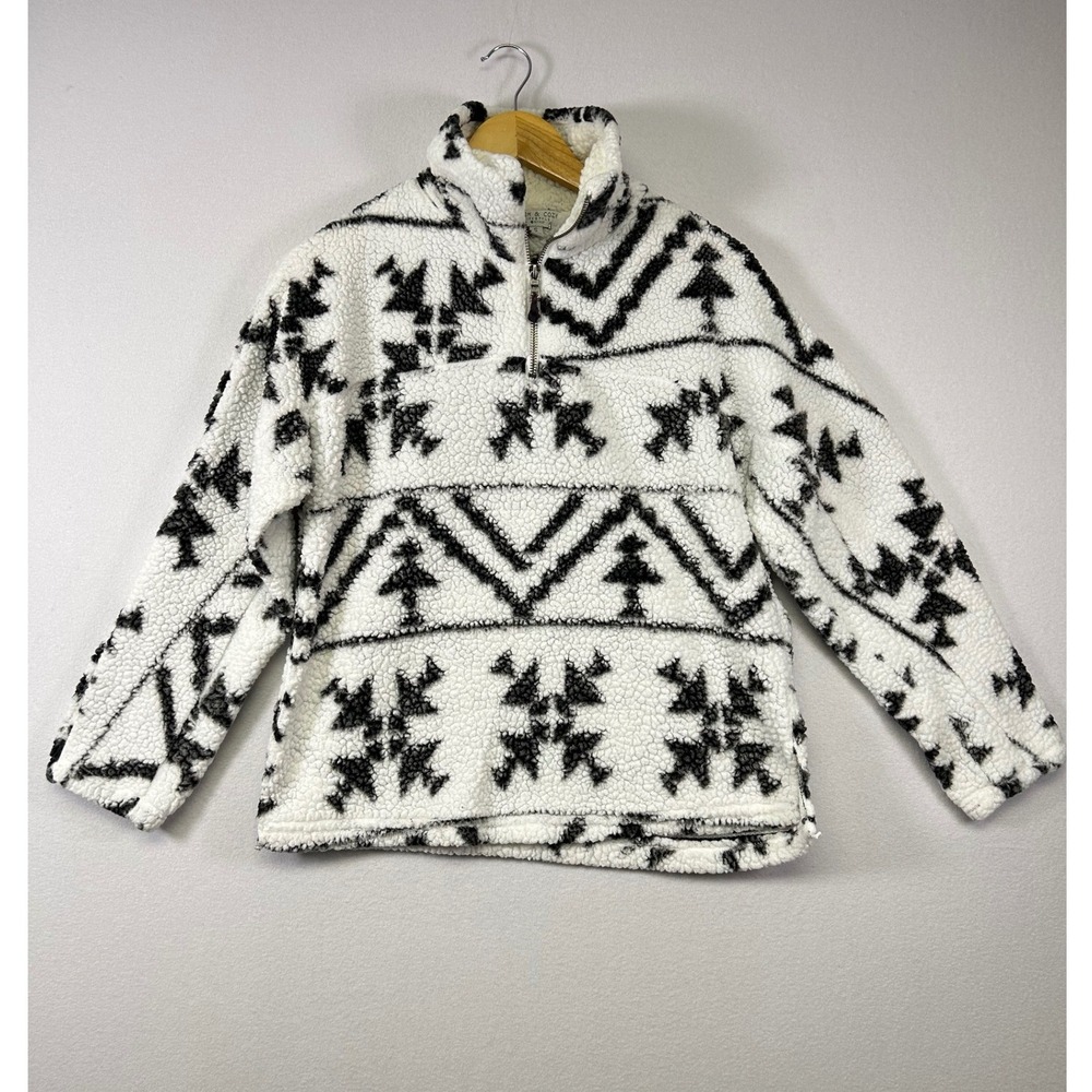 Cabinwear Warm & Cozy by Poof Womens S White Black Tribal Sherpa Quarter Zip